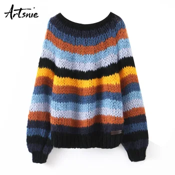 

Artsnie vintage lantern sleeve women sweater winter 2019 o neck casual pull femme streetwear striped oversized sweaters jumper