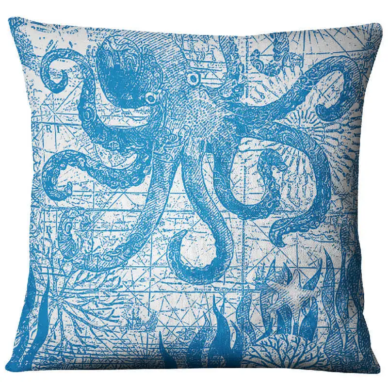 Односторонняя льняная декоративная синяя Подушка с видом моря, чехол для подушки с морскими животными и океаном, чехол для дивана, стула, автомобиля, дивана