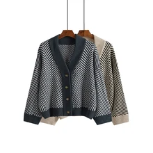 Suéter versão coreana de lã solto feminino, jaqueta versátil com decote em v de manga comprida, listrado, outono 2020