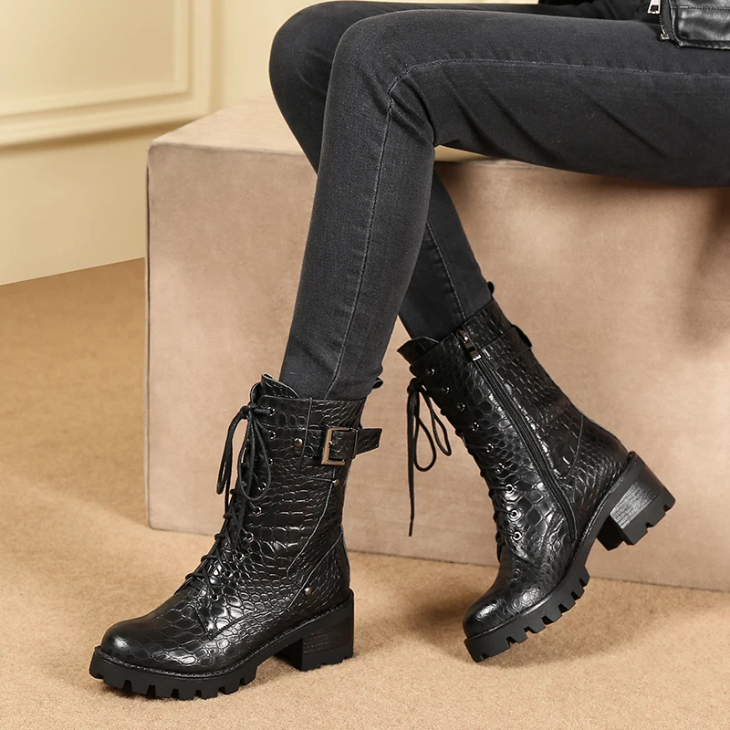 

Women's autumn winter shoes cowhide stone pattern Martin boots middle heel 5.5 cm comfortable thick heel shoes riding fashion