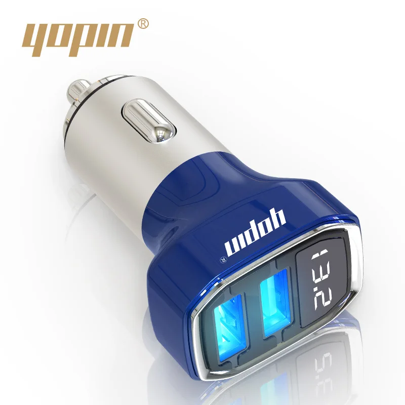 

Yopin New Style Aluminium Alloy Car Mounted Charger Factory Customizable Shining Digital Double USB Smart Car Charger