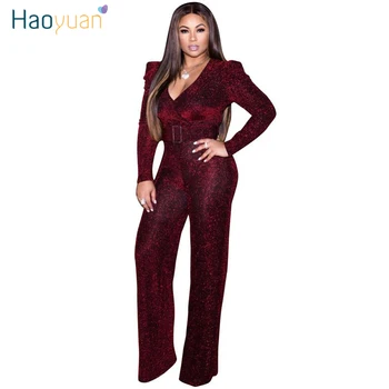 

HAOYUAN Sexy Shiny Bodycon Jumpsuit High Stretch Party Overalls Club Body Outfits One Piece Long Sleeve Rompers Womens Jumpsuit