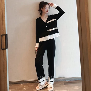 

Korean Knitted Pants Two Piece Set Chic V-neck Cardigan Tops Ruffled + High Waist Wide Leg Long Pants Autumn Tracksuit 2020 A393