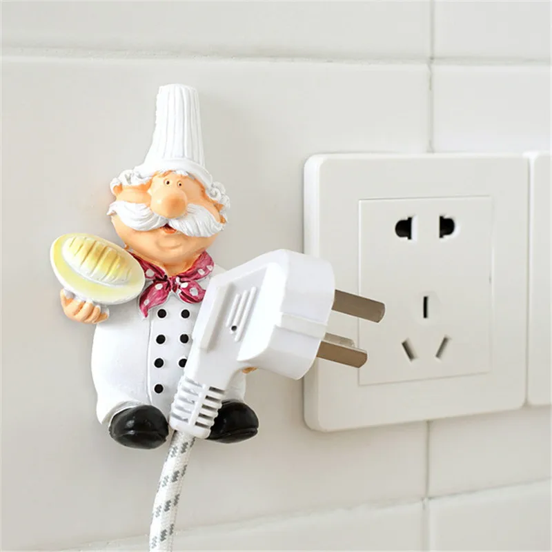 

1PC Cartoon Wall-Mounted Power Cord Plug Storage Rack Chef Plug Sticky Hook Creative Plug Finishing Bracket Kitchen Storage Hook