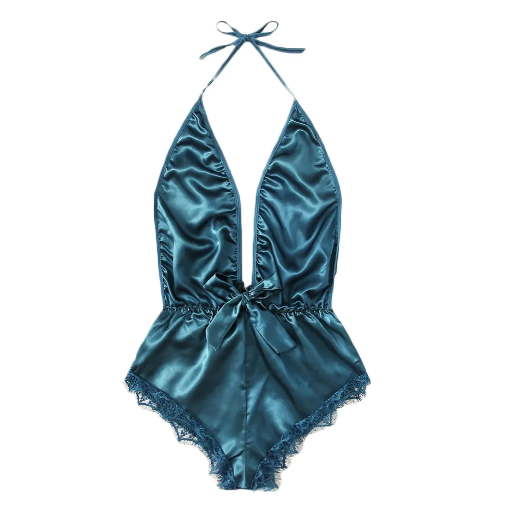 Blue Сексуальное женское белье, атласная ночная сорочка, Тедди, глубокий v-образный вырез, с кружевным бантом, Холтер, открытая спина, пижама, нижнее белье, костюмы - Цвет: Blue