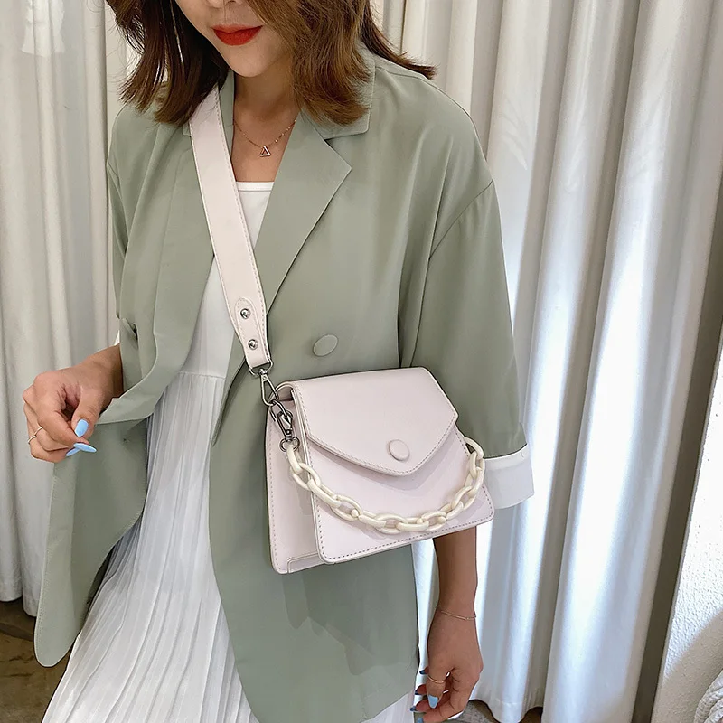 Solid Color Thick Chain Small PU Leather Crossbody Bags For Women 2021 Summer Shoulder Cross Body Bag Ladies Handbags