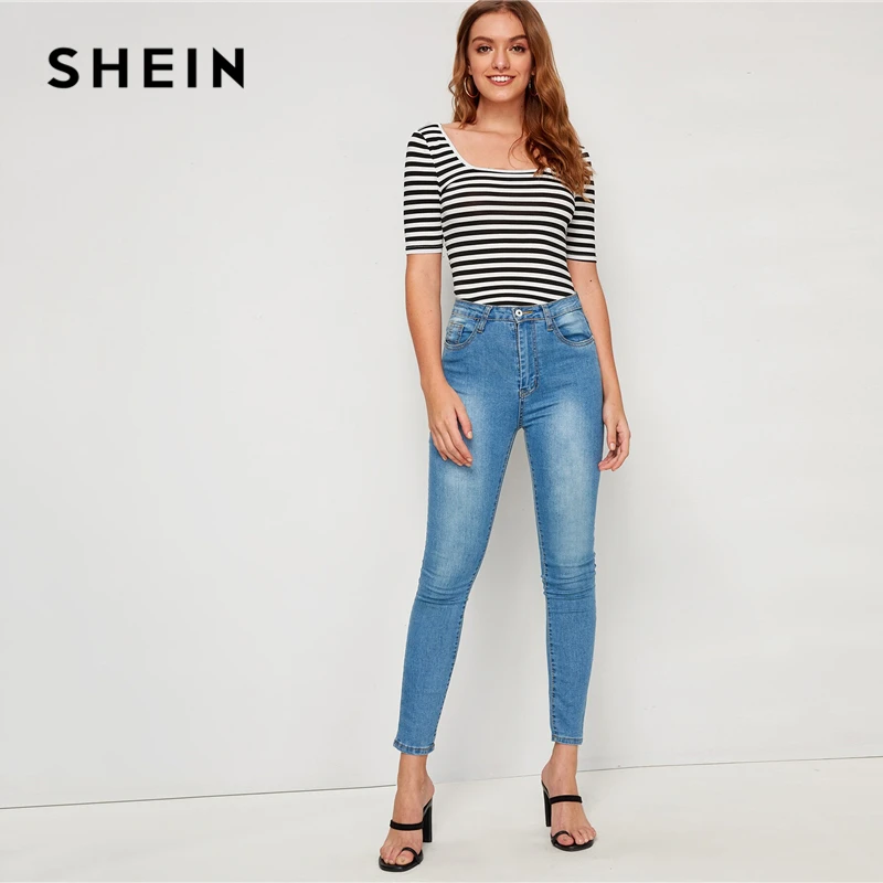 SHEIN черная и белая полосатая печать квадратная Шея тонкая облегающая футболка Basics футболка женские осенние повседневные футболки Топы с коротким рукавом