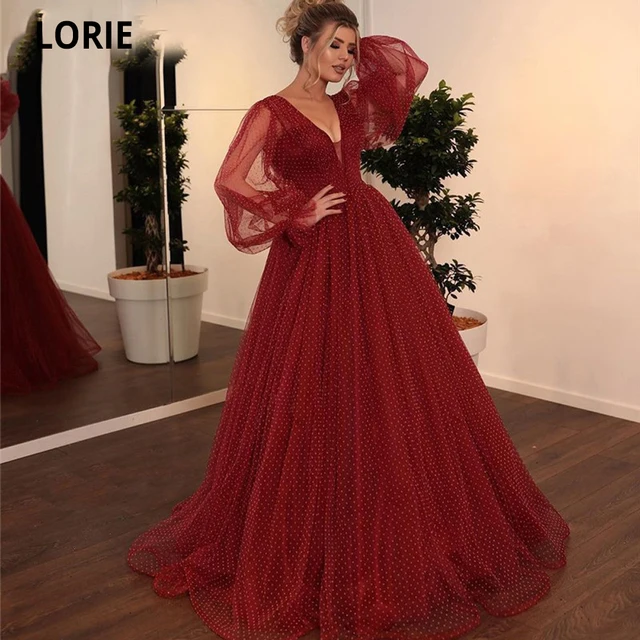 $US $91.72 LORIE Elegant Burgundy Dot Tulle Evening Gown with Puffy Sleeve Long Formal Prom Party Dress Plus Size Princess Dress Vintage