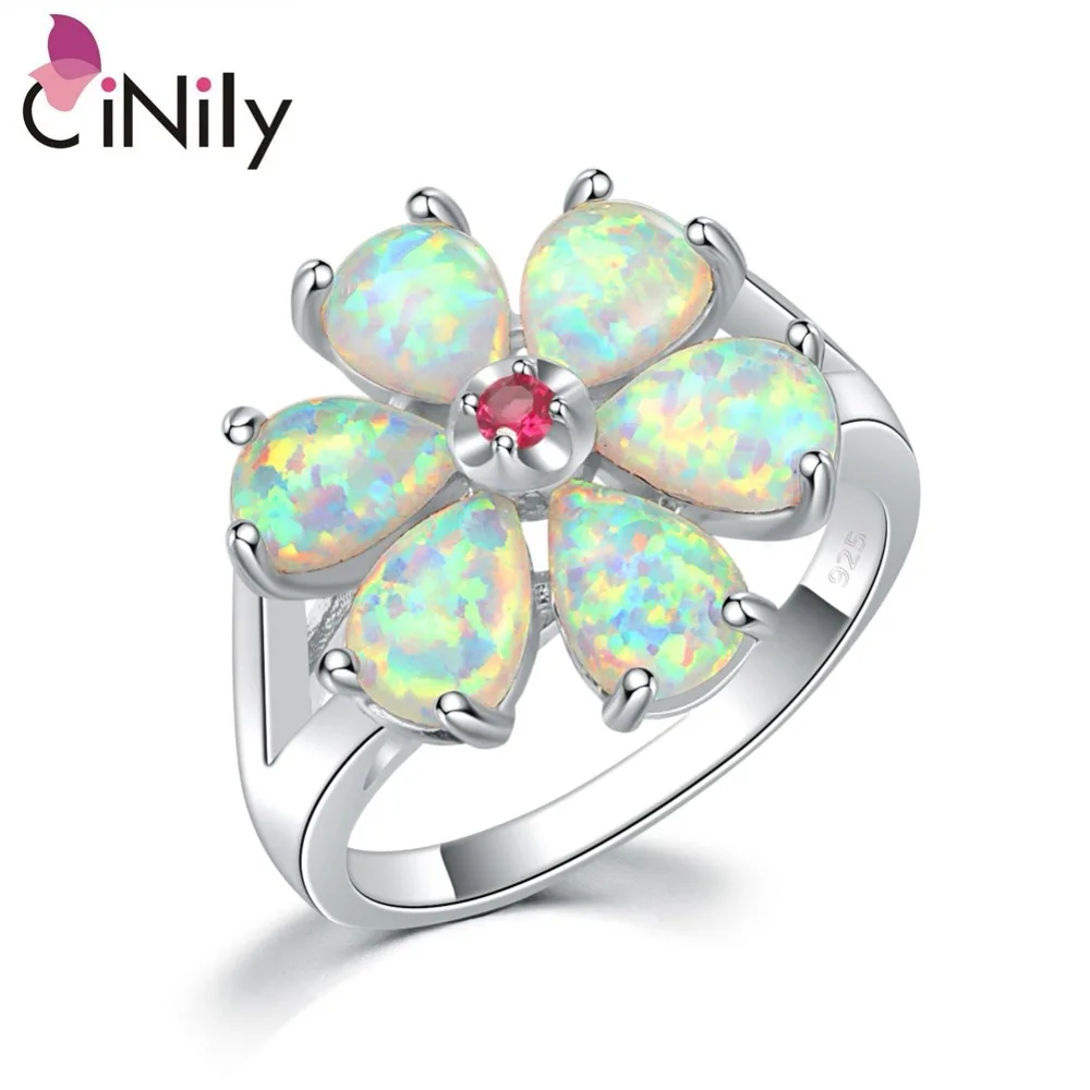 CiNily Garden Flower Plant White Fire Opal 925 Sterling Silver Rings for Party Birthday Gifts Women Girl Fine Jewelry Ring