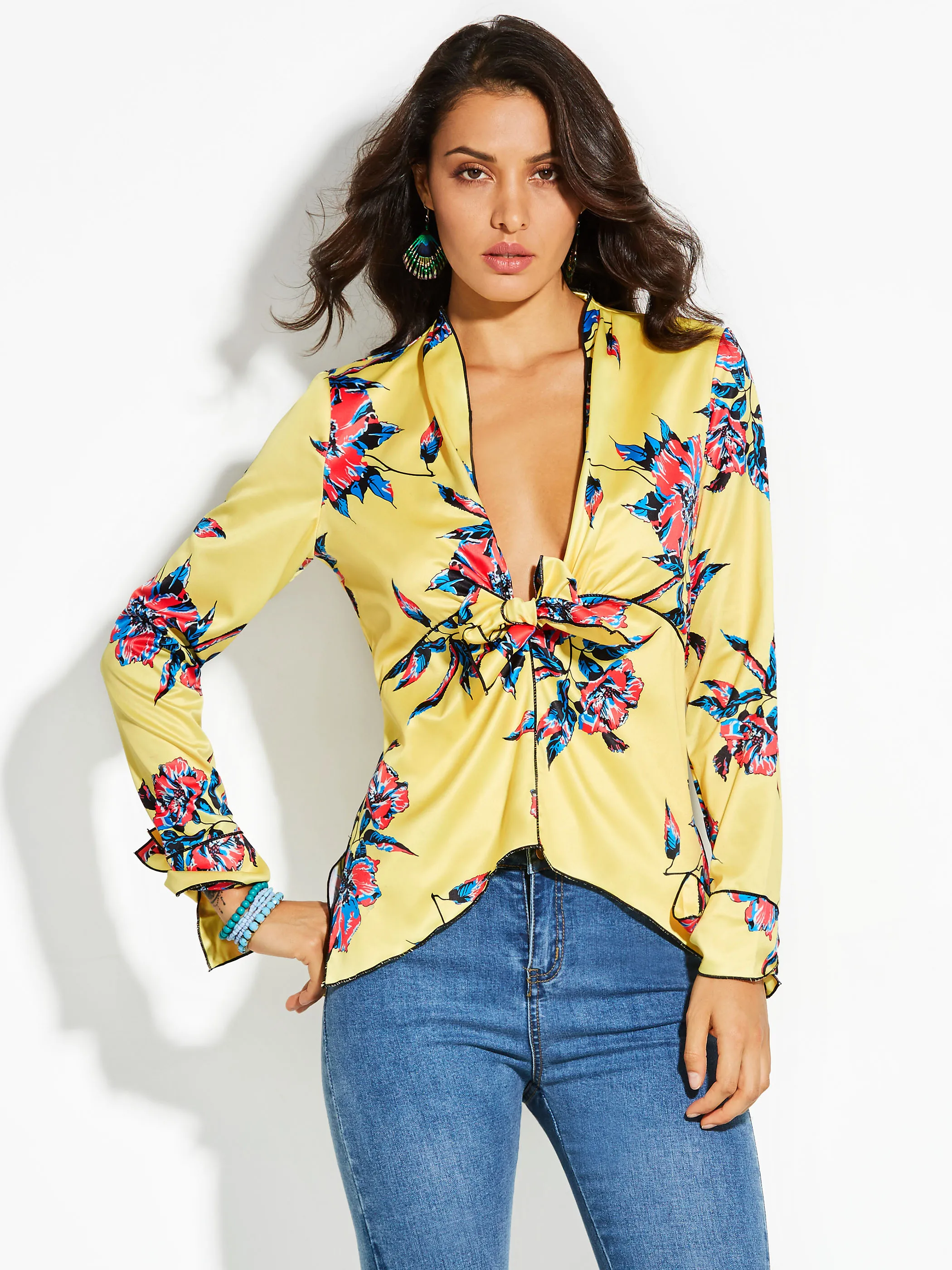 

Vintage Women Blouse Silk Spring V-Neck Floral Pullover Yellow Print Bowknot 2020 Top Modern Fashion Female Girls Women Shirt