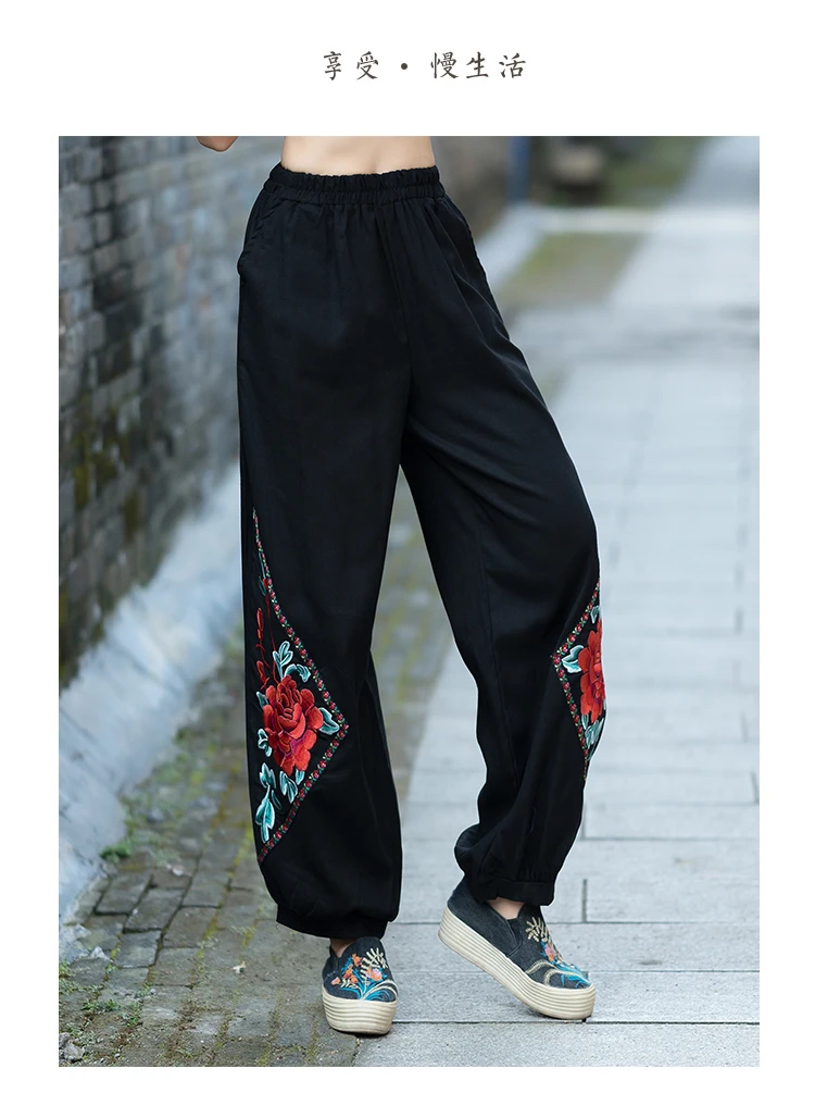 KYQIAO pantalones mujer, большие размеры, винтажные брюки для женщин, Осень-зима, китайский стиль, длинные, черные, синие, вышивка, широкие брюки