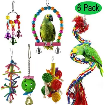 

6 Pcs Colorful Bird Playing Swing Hanging Parrot Stand Toys with Bells Chewing