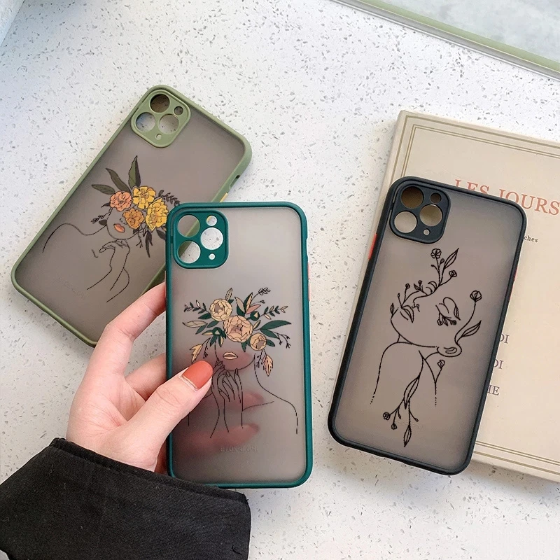 iphone 13 pro max clear case Abstract Women Vintage Floral Line Phone Case For iPhone 11 13 12 Mini Pro 7 8 Plus X XS XR Max Matte Camera Protection Shell iphone 13 pro max case leather