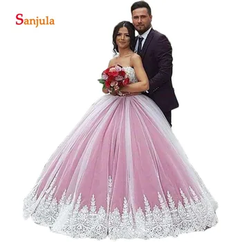 

Pink Satin Princess Quinceanera Dresses 2020 Sweetheart White Tulle Lace Charming Sweet 16 Dresses Simple Long Prom Gowns D1497