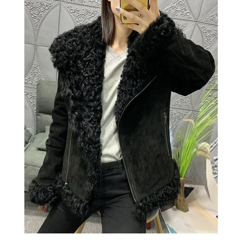 rf1923B Genuine Leather Suede Real Sheep Fur Coat Woman Fashion Winter Natural Fur Jacket for Ladies