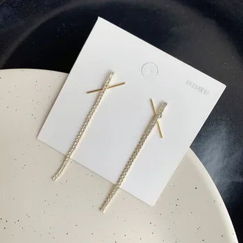 

A- line Long Earrings S925 Silver Earrings A- line Diamond Set Tassels Shiny Cross Fashion Elegant Normcore Style Ear Stud