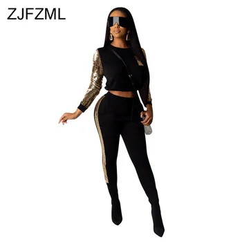 

Sequined Spliced Sexy 2 Piece Set Tracksuit Women Round Neck Full Sleeve Crop Top and Straight Pants Causal Winter Fall Outfits