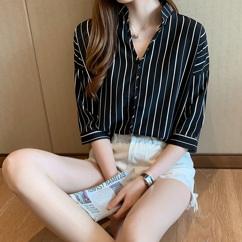 2020 New Summer Blouse Shirt Female Cotton Striped Print Short Sleeve Office Work Shirts Women Casual Tops Ladies Modis Clothing