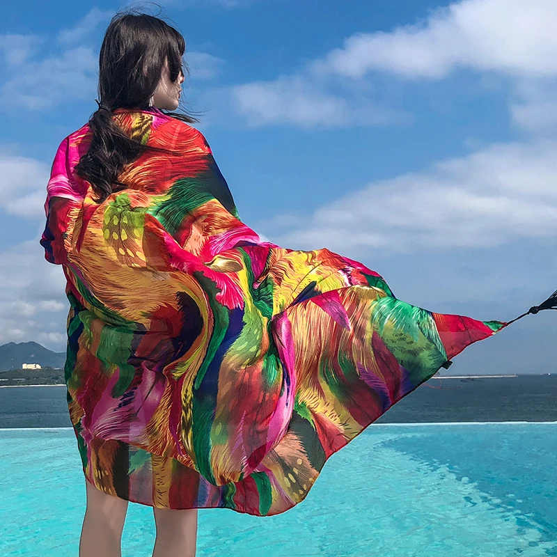 Silk scarf female summer sunscreen beach towel bohemian shawl scarf dual-use wild beach large can be used as a skirtdress
