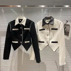 Casaco curto feminino 2021 outono nova única linha strass fivela preto e branco contraste cor jaqueta de negócios senhora veste femme