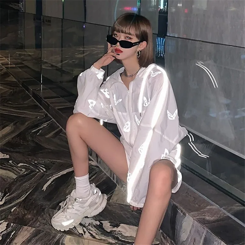 Two Piece Set Women Reflective Butterfly Print Playsuits Hoodies