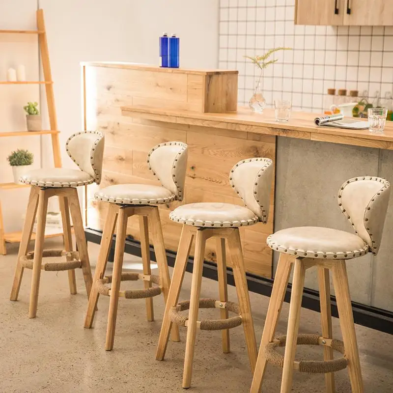 

Bar Chair Solid Wood Bar Chair Front Chair Modern Simple Milk Tea Shop High Stand Household Rotary Creative Bar Chair