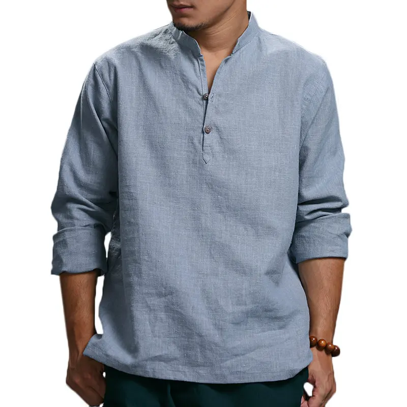 

Long-sleeved Shirt Men's Cotton and Linen Blended Small Stand Collar Three-button Long-sleeved Shirt Casual Bottoming Shirt Men