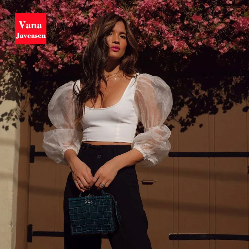 Vana Javeasen Mesh Square Collar Sexy Tanks Tops Solid Color Hollow Out Perspective Crop Top Patchwork Top Women