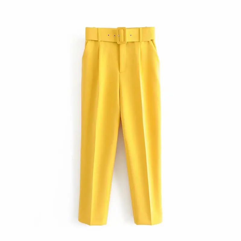 YNZZU повседневные брюки для женщин весна осень фиолетовый хаки Высокая Талия Длинные женские шаровары с поясом высокое качество AB226 - Цвет: Цвет: желтый