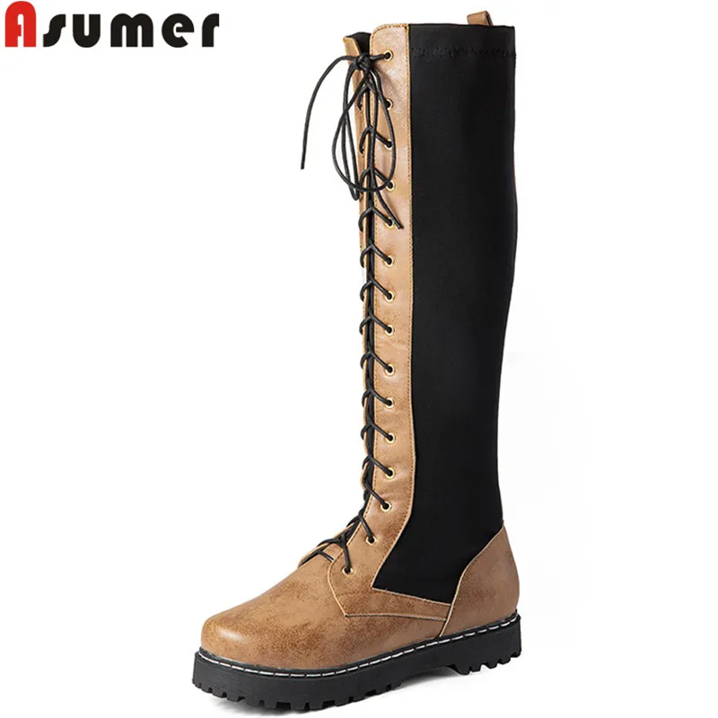 ASUMER/ новые сапоги до колена женские сапоги на платформе со шнуровкой и круглым носком осенне-зимние сапоги смешанных цветов на молнии женская обувь размера плюс