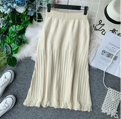 beige LUOSHA Women Autumn Winter Women Mermaid Trumpet Knitted Pleated Tassel Skirt Ladies Skirts Casual Midi Skirt Jupe Femme - Цвет: beige