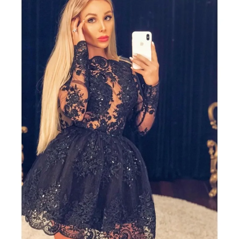 

Cocktail Dresses Plus Size Black Long Sleeve Short Evening Prom Dress 2019