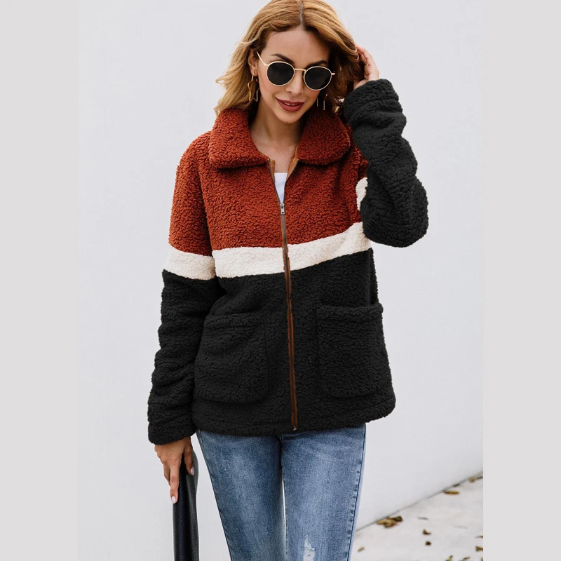 Ideal  Lossky Women Autumn Winter Plush Jacket Coats Long Sleeve Flannel Warm Outwear Female New Patchwork