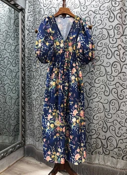 

2020 Spring and Summer New Women's V-neck Puff Sleeve Printing Decoration Waist Hugging Short Sleeve Long Dress 710