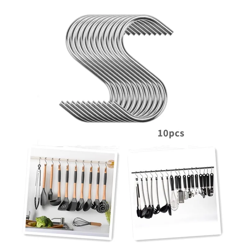 

10pcs Stainless Steel Household Hooks Set For Hanging S Shape Hanger Practical Storage Holder for Kitchen Cabinet Office Home