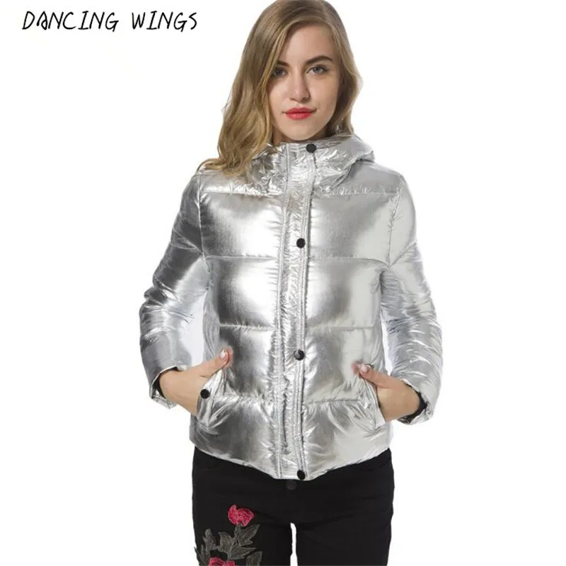 

Down Jacket Women 2019 European Style Bright Silver Short White Duck Down Parka Hooded Outerwear