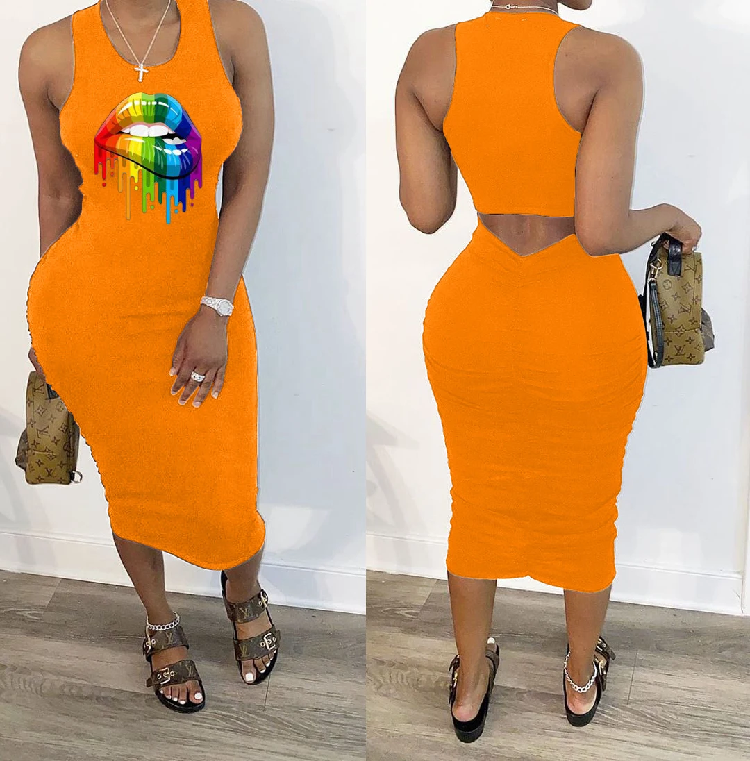 2020 Women Summer Midi Dress Sexy Sleeveless Mouth Print Bandage Party Night Club Casual Fashion Street Dresses Vestidos GL8694