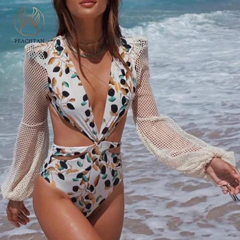 

Peachtan Deep v neck one piece swimsuit female 2020 Print swimwear women Hollow out bodysuits monokini Long sleeve bathing suit