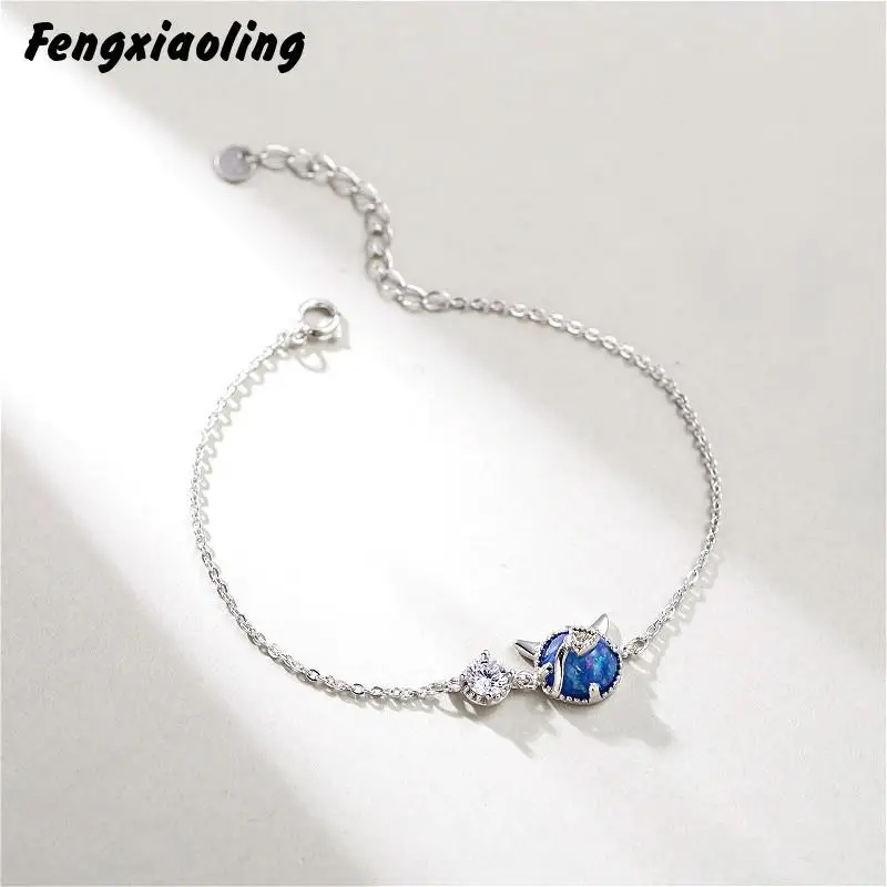 

Fengxiaoling New Arrivals 925 Sterling Silver Kyanite Cartoon Little Devil Charm Bracelets For Women Cute Fashion Party Jewelry