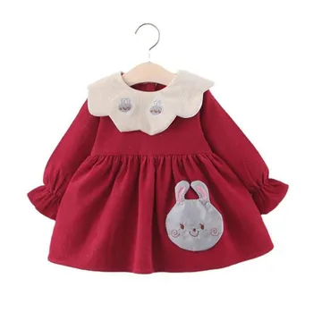 

DFXD 2020 Autumn Toddler Girls Corduroy Dress Fashion Peter Pan Collar Full Sleeve Cartoon Rabbit Princess Dress Infant Dress