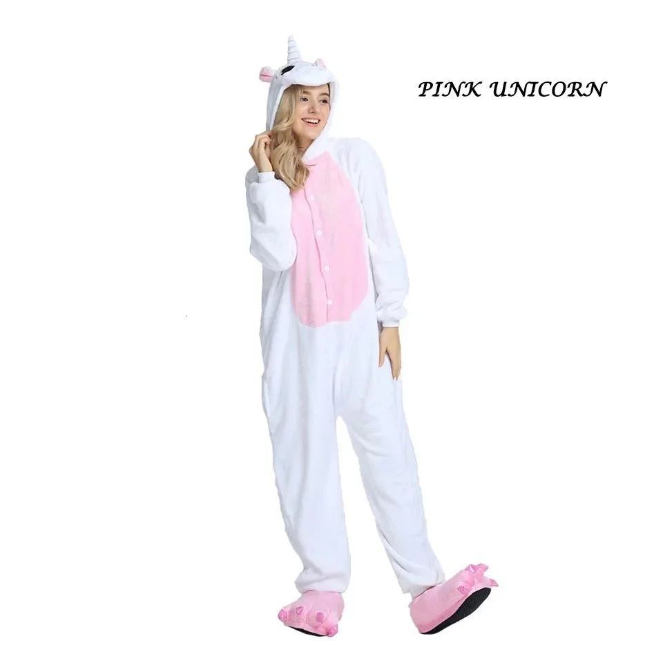 Пижама с единорогом, комбинезон для женщин, кугуруми, панда, зимняя Фланелевая пижама, кигуруми, Пижама для взрослых, лиса, Ститч, единорог, одежда для сна, Комбинезоны - Цвет: Pink Unicorn