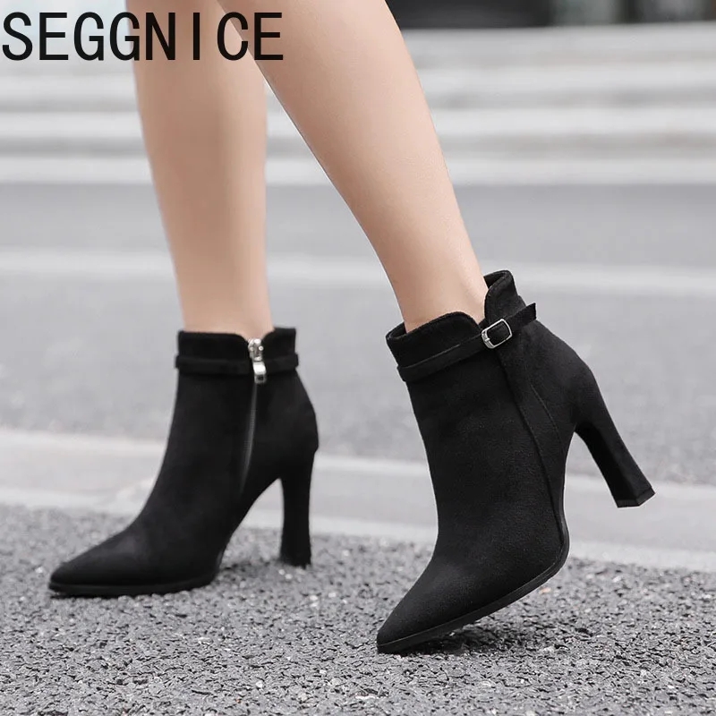 

New Winter High Heel Boots Short Plush Snow Boots Women Fashion Shoes 2019 Women Shoes Zip Ankle Boots Pointed Toe