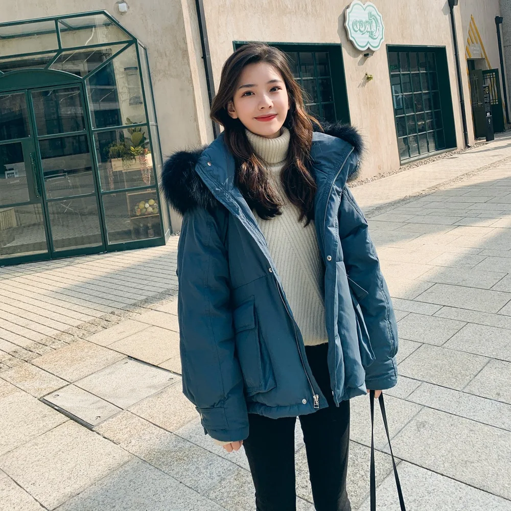 

Photo Shoot Fashionable Short Cotton Overcoat 2019 Winter New Style WOMEN'S Dress College Style Large Pocket Fur Collar Hooded C