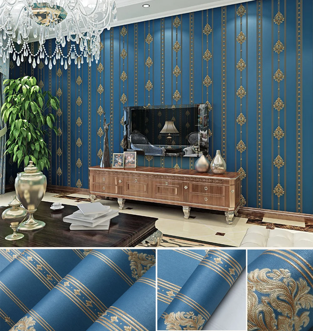 Luxury 3D Embossed Damascus Non-woven Wallpaper Roll European Style Bedroom Living Room TV Background Wallpaper Home Decor Blue