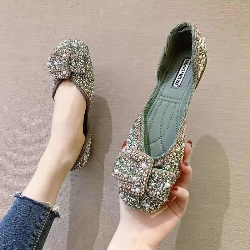 

Bling Square Toe Flats Women Shoes Lady Shiny Pearl Soft Sole Loafers Summer Casual Weekend Driving Shoes Ballet Shoes Women