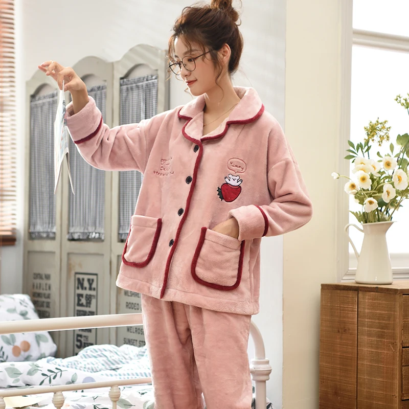 Womens Pajamas  Winter Pajamas Women Printing Pajamas Girl  Turn-down Collar Cartoon Pig and Strawberry Light Pink Long Sleeve