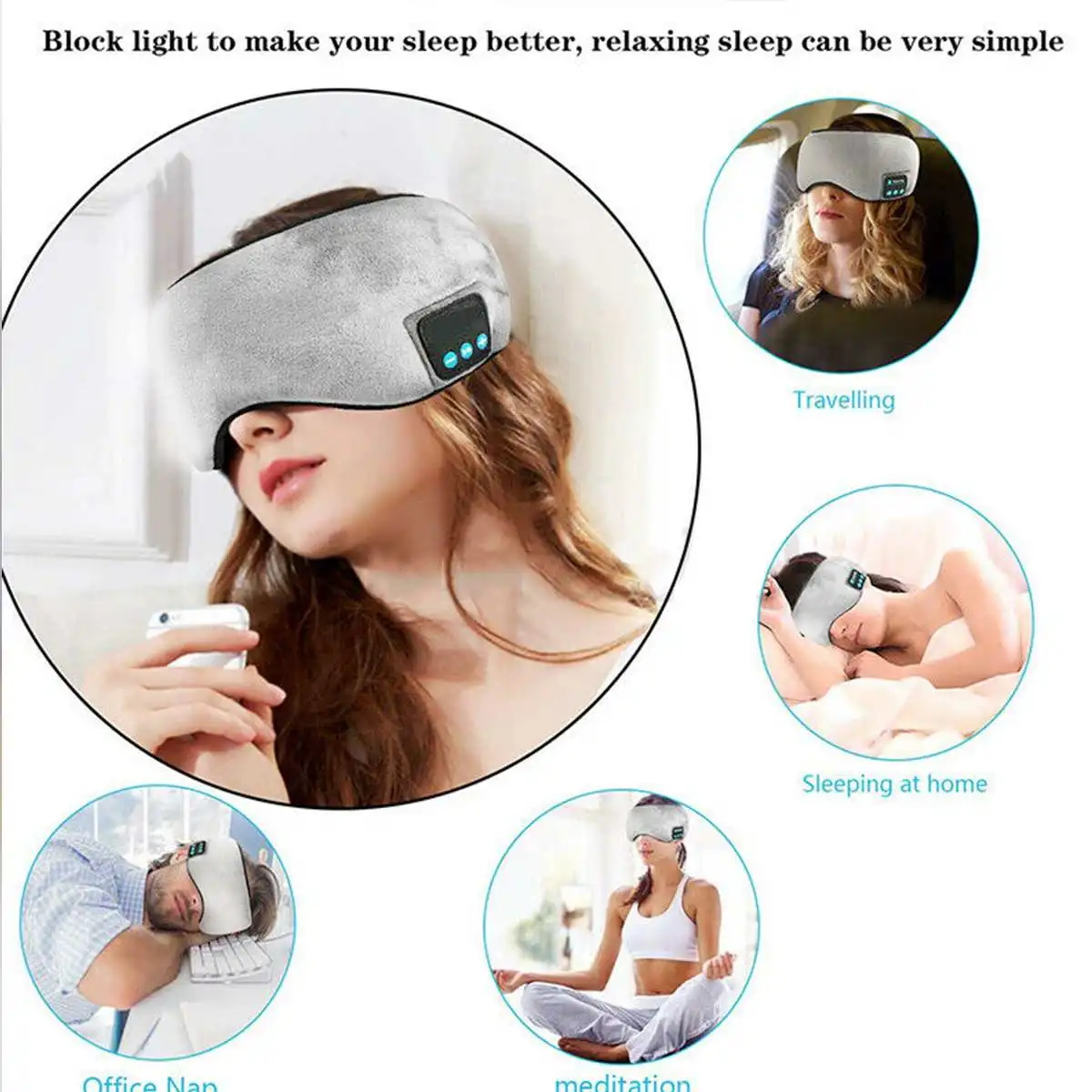 Upgraded HIFI wireless headset bluetooth v5 0 call music sleep artifact breathable sleep eye mask headphone Grey Black