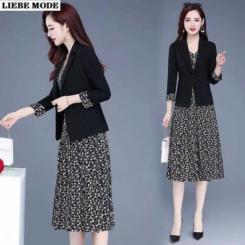 

Женский деловой костюм из 2 предметов, блейзер и платье до колен, с цветочным принтом, для лета и осени