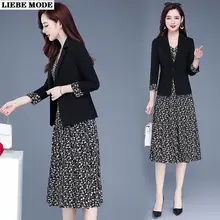 

Floral Print Dress and Jacket Suits Lady Women Summer Autumn Formal Work 2 Pieces Set Blazer and Knee Length Dress Suits Party