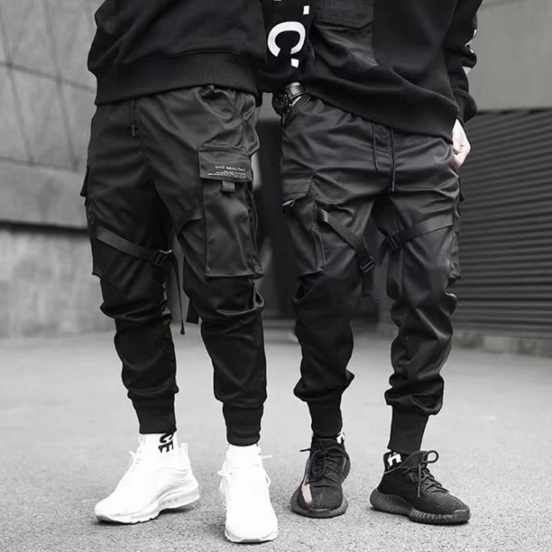 Hip Hop Boy Track Pants Elastic Waist Harem Pant Men Streetwear Punk Ribbons Design Trousers Pockets Joggers,men trousers
